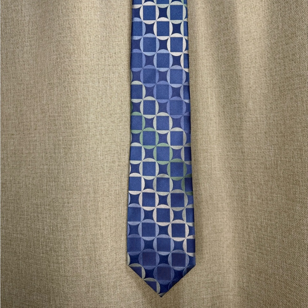 Michael Kors Silk Tie Blue Green Geometric Circle Mod Pattern Mens